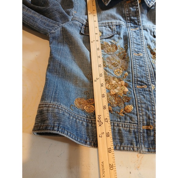 CE Embroidered Sequin Denim Jacket Gold Medium Wash Glam Coachella   Womans - Picture 12 of 12